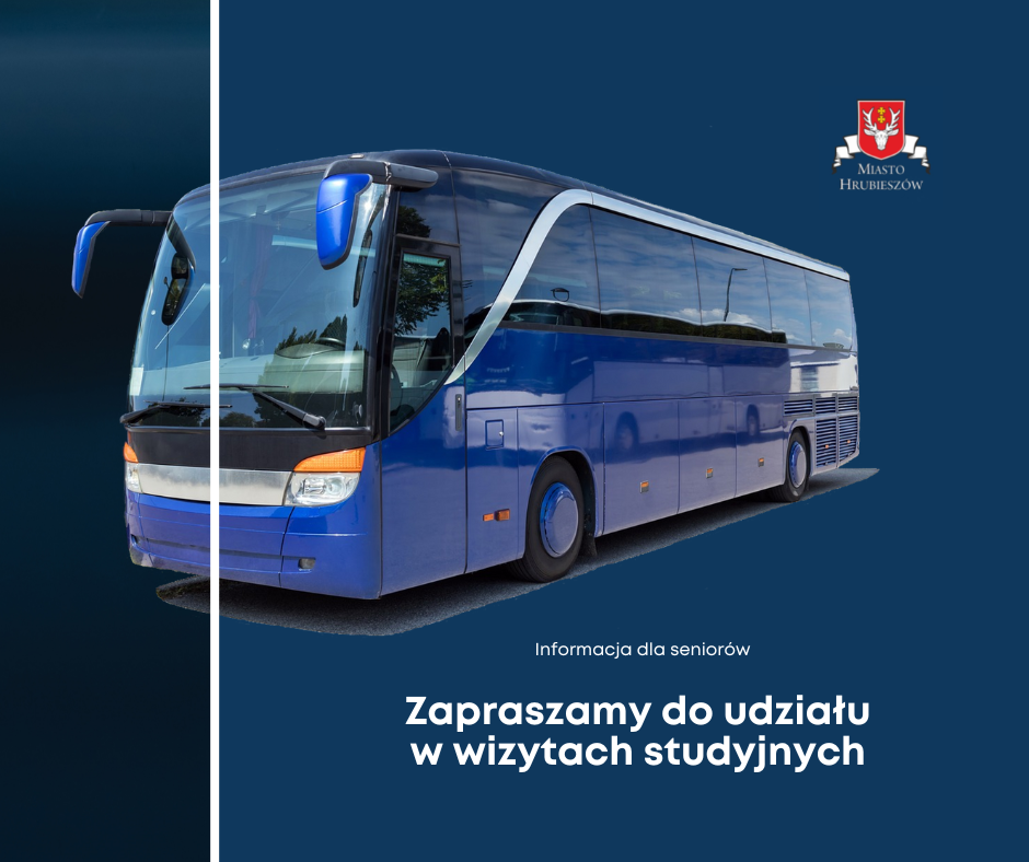 autokar na granatowym tle, napis zapraszamy na wizyty studyjne do krakowa i rzeszowa