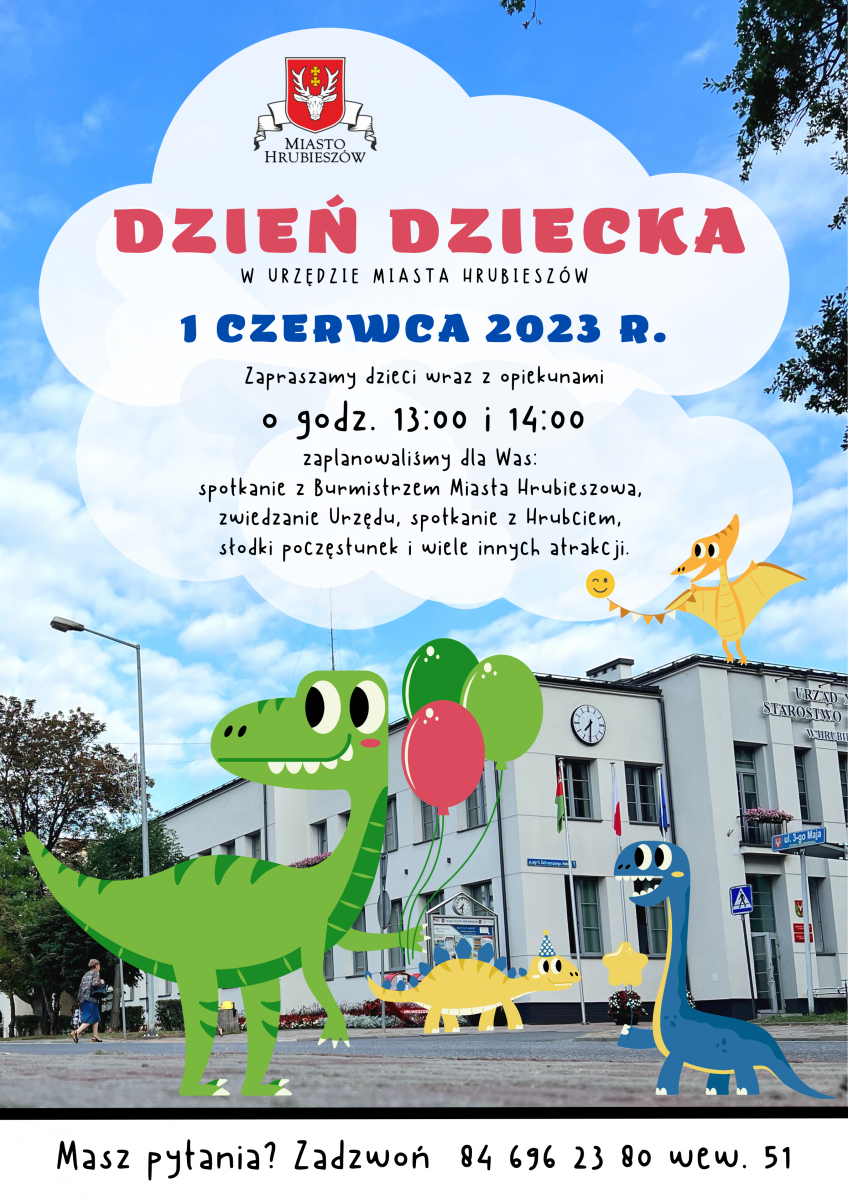 zdjęcie budynku urzędu, rysunki dinozaurów, treść jak w artykule