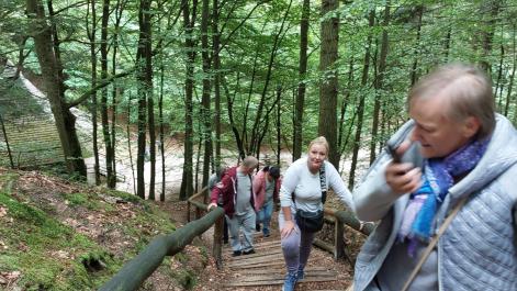 Uczestnicy wchodza po schodach znajdujących się w lesie
