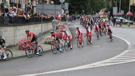 Peleton jedzie ulicami miasta